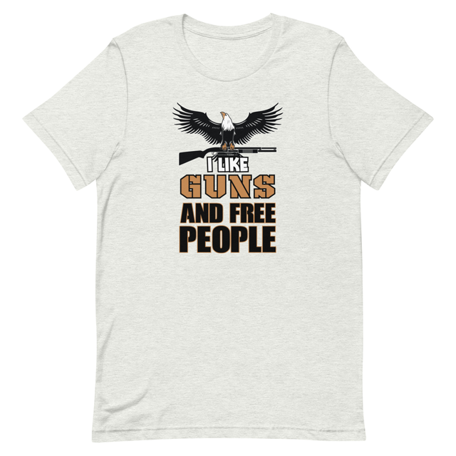 I Like Guns and Free People t-shirt in ash, product mockup