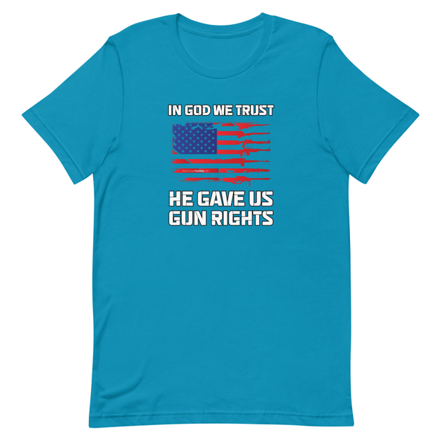 In God We Trust, He Gave Us Gun Rights t-shirt in Aqua, product mockup