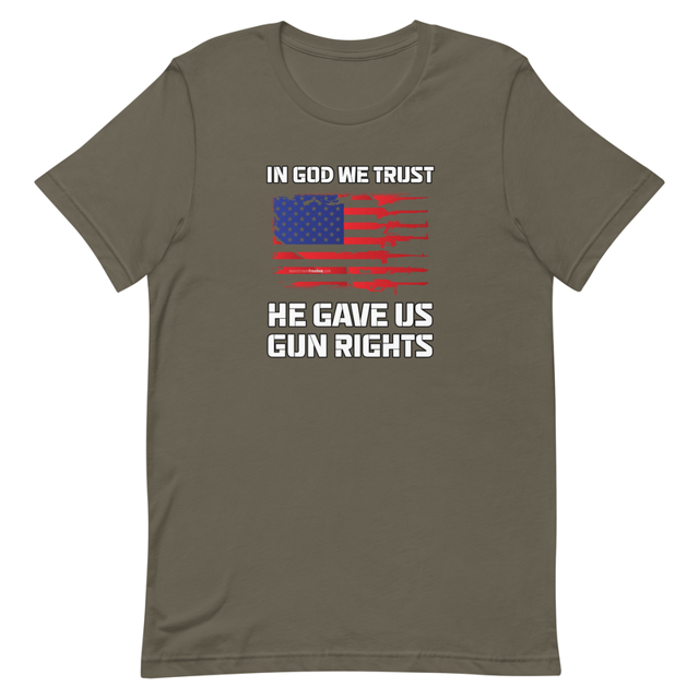 In God We Trust, He Gave Us Gun Rights t-shirt in Army, product mockup