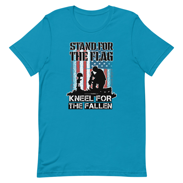 Stand For The Flag Kneel For The Fallen t-shirt in aqua colorway, product mockup