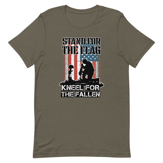 Stand For The Flag Kneel For The Fallen t-shirt in army colorway, product mockup