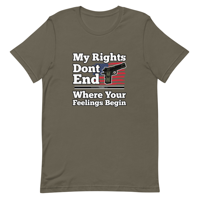 My Rights Don't End Where Your Feelings Begin t-shirt in army colorway, product mockup