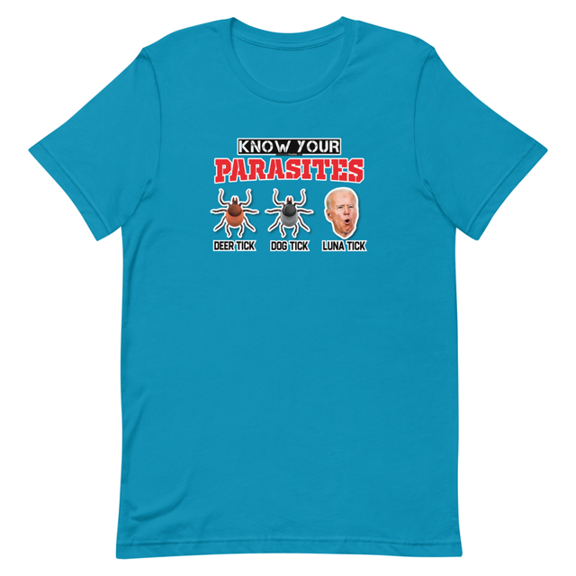 Know Your Parasites t-shirt in aqua colorway, product mockup