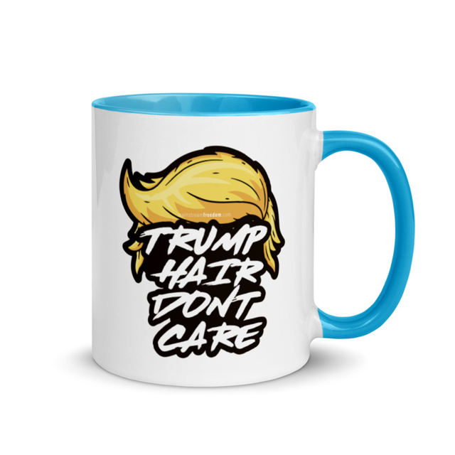 Trump Hair Don't Care mug in blue colorway, product mockup