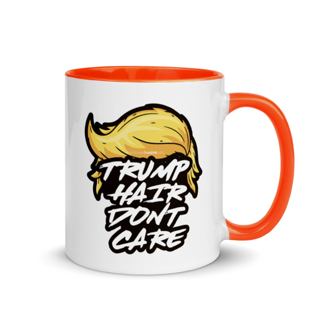 Trump Hair Don't Care mug in orange colorway, product mockup