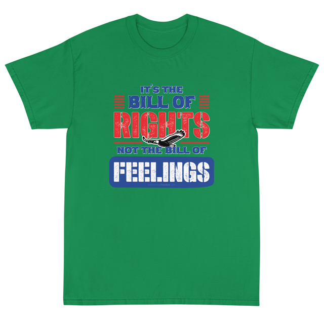 Bill of Rights Not Feelings t-shirt in Irish green colorway, product mockup