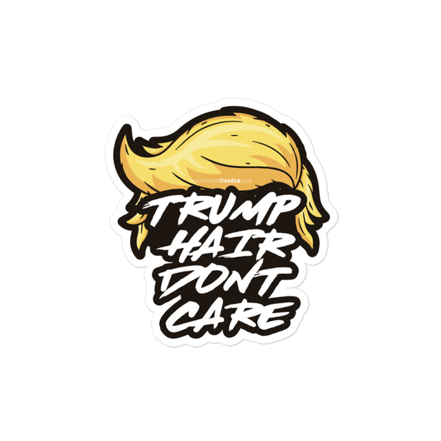 Trump Hair Don't Care sticker in white, product mockup