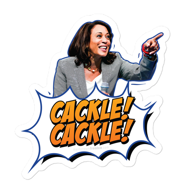 Kamala Harris Cackle Cackle sticker in white