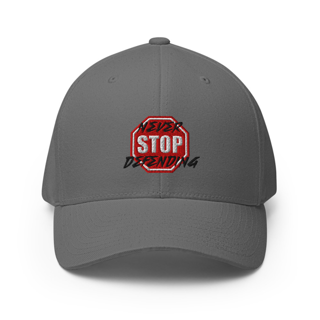 Never Stop Defending structured twill cap in grey, front view