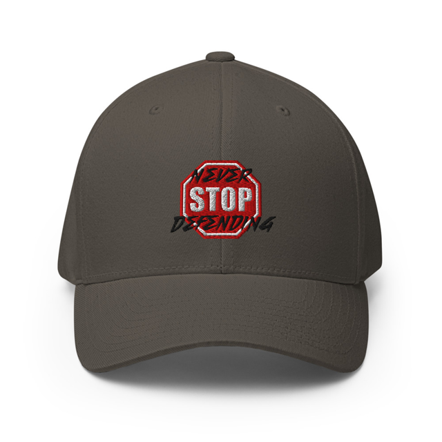 Never Stop Defending structured twill cap in dark grey, front view
