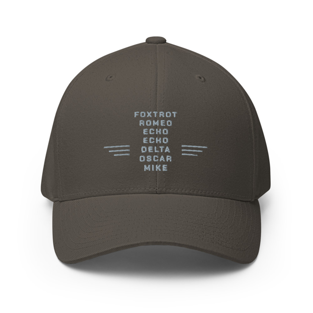 F.R.E.E.D.O.M. phonetic alphabet structured twill cap in dark grey, front view