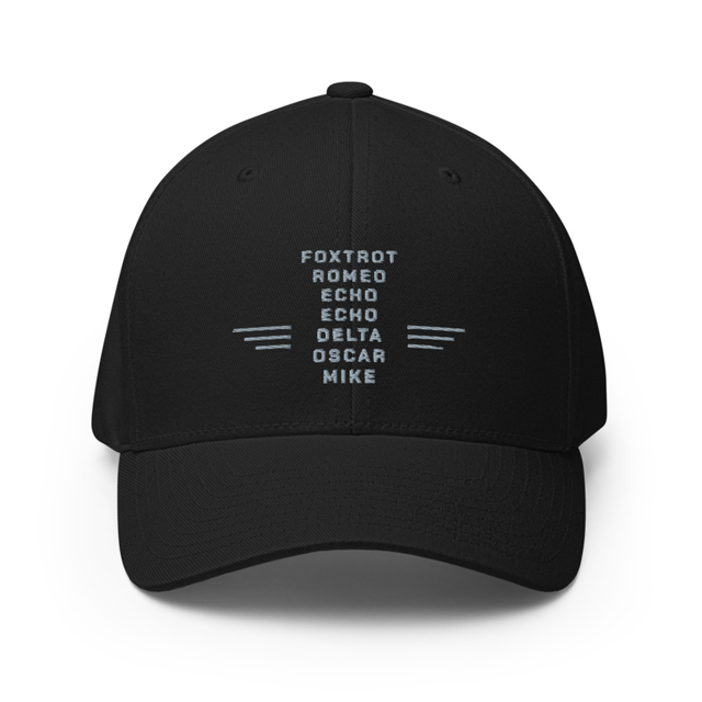 F.R.E.E.D.O.M. phonetic alphabet structured twill cap in black, front view