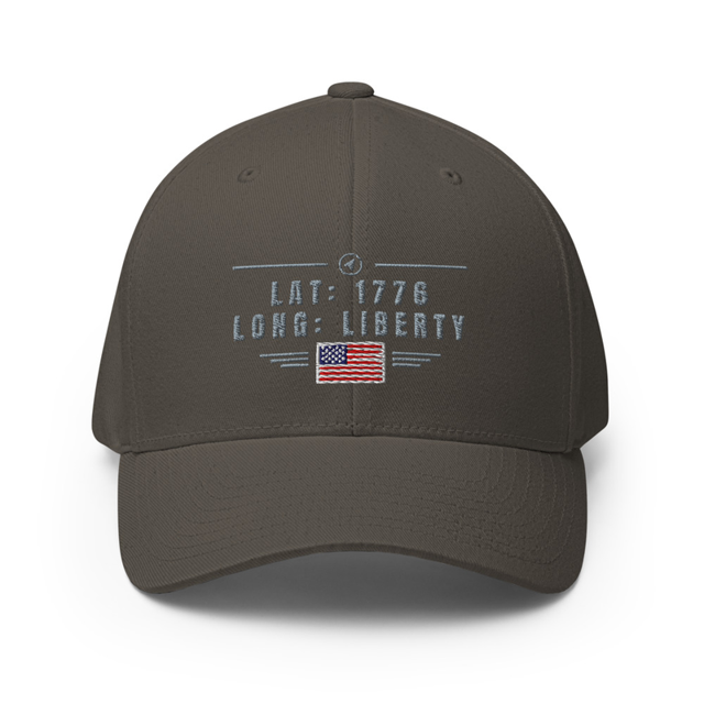 Lat 1776 Long Liberty structured twill cap in dark grey, front view