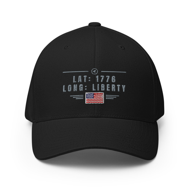 Lat 1776 Long Liberty structured twill cap in black, front view